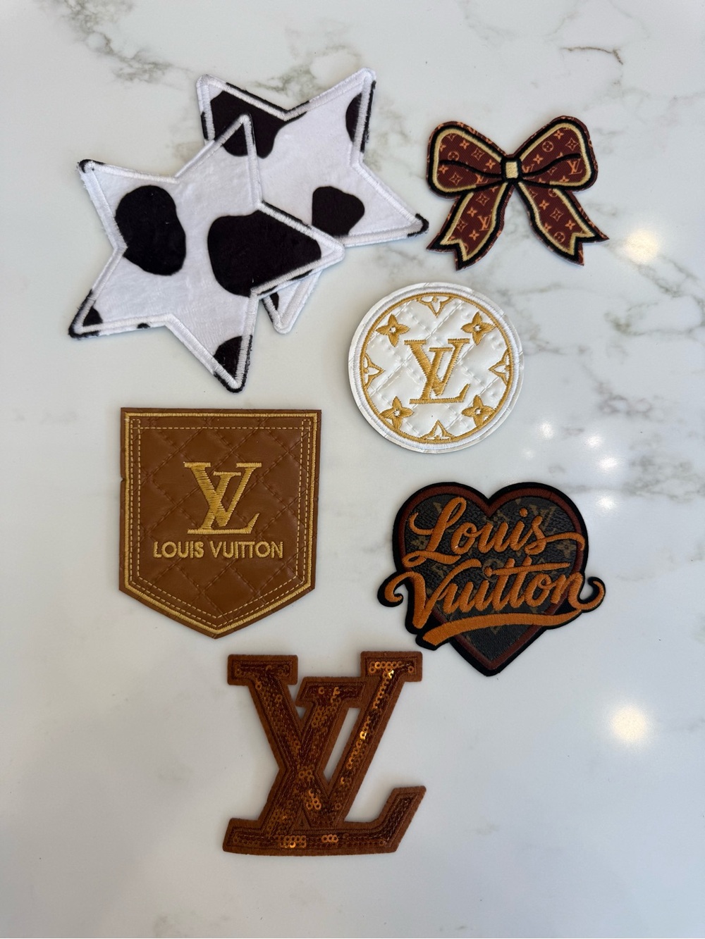 Hand Crafted Brown, White, Black, Gold Logo & Iron On Patch Mix
